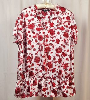Red and White Floral Print Ruffle Hem Top