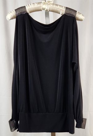 Black Top with Embellished Stones, Open Shoulder with Slit Sleeves