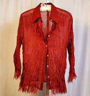 Red Wrinkle Sheer Long Sleeve Blouse