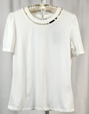 White Pearl Embellished Neckline Short Sleeve Top