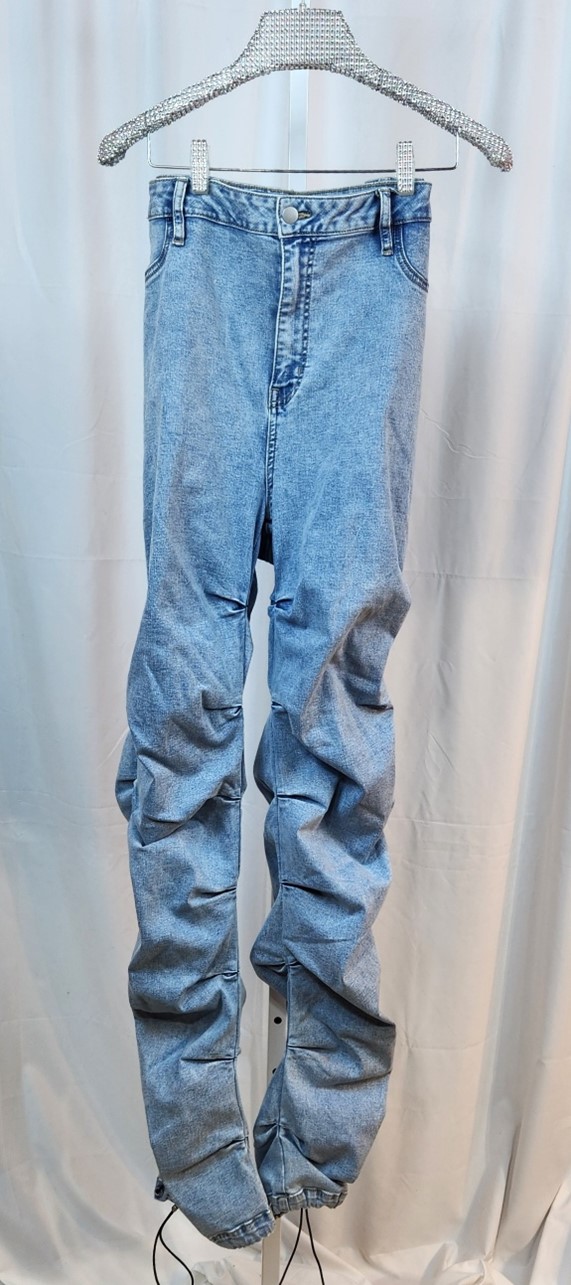 Blue Stretch Denim Pleated Jeans