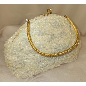 Vintage White Beaded Evening Purse Gold Tone Hardware