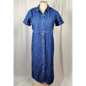 Vintage 80"s Denim maxi dress, short sleeve button up with pocket