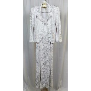 Silver and white long evening dress with matching jacket.