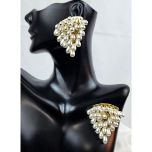 White Faux Pearl Cluster Earrings on a Golden Tones