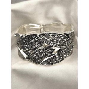 Silver Tone Leaves Design Clear Rhinestones Clamper Bracelet