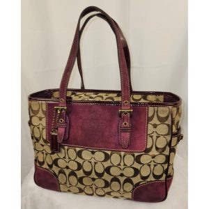 Coach Purse Beige Brown with Maroon Red Trim (loose zipper still zips up)