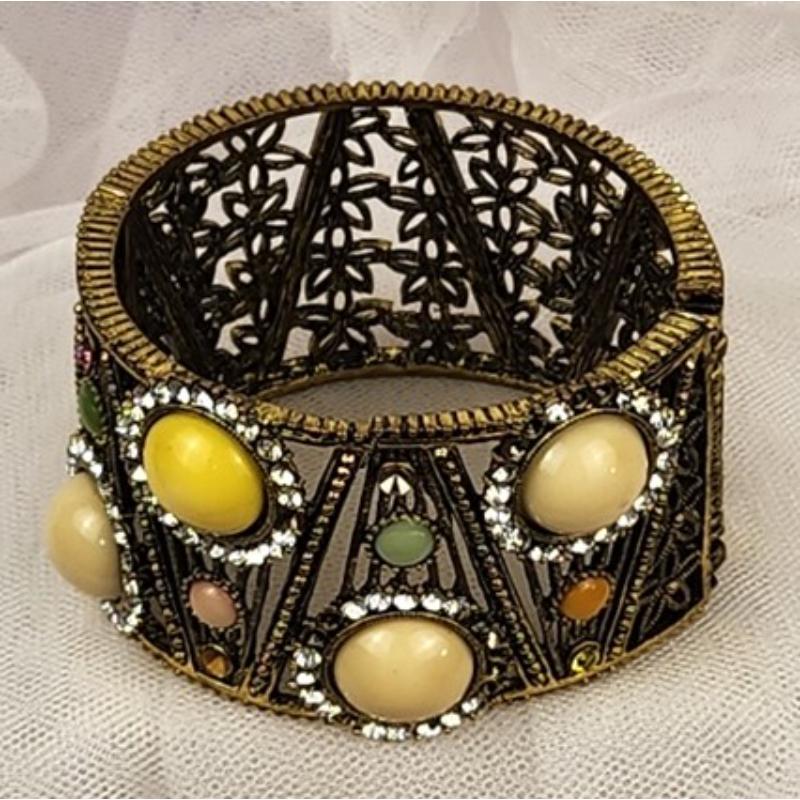 Gold Tone Hinged Cuff Brown (missing stones)